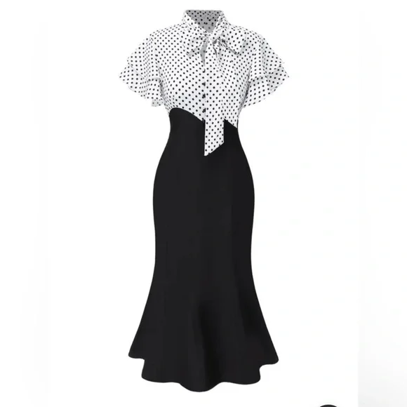 NWT! Retro Stage Black 1930’s Dots Tie Neck Mermaid Dress. Size M - Picture 1 of 12